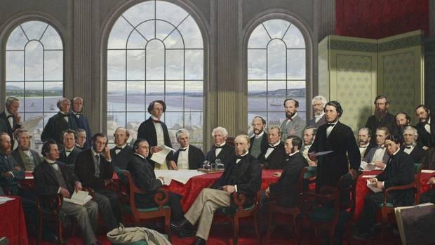 Painting of 'The Fathers of Confederation' on display in the Railway Committee Room on Parliament Hill in Ottawa on June 29, 2011.