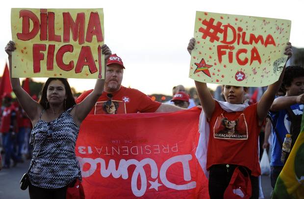 Members of labour unions hold a demonstration during the National Day of Mobilization against the impeachment of Brazilian President Dilma Rousseff and budget cuts proposed by the government in Brasilia on Dec. 16, 2015.