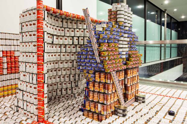 A goalie sculpture for Diamond Schmitt Architects’s Canstruction, a competition open to engineers, students, designers and architects to see who can build the best sculpture out of cans of food.