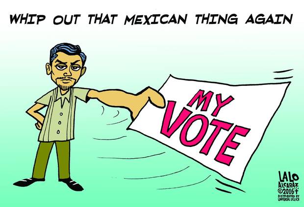 Mexican-American syndicated cartoonist Lalo Alcaraz drew a cartoon depicting a Latino voter holding a ballot in reaction to Republican Mike Pence referring to “that Mexican thing” at the vice presidential debate as he tried to brush aside criticism of Donald Trump’s comments about Mexican immigrants.