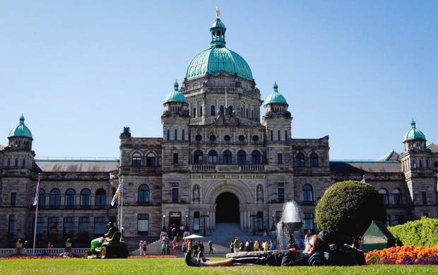 An exterior view of the British Columbia Legislature in Victoria.