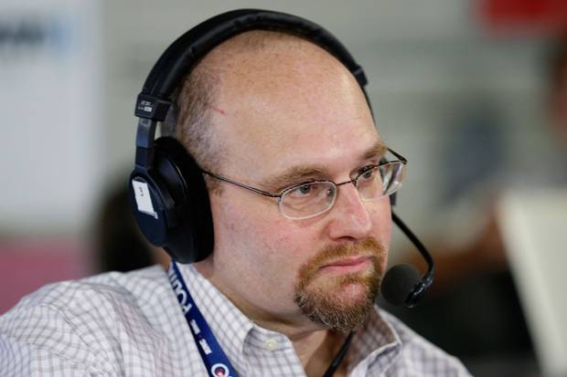 Journalist Glenn Thrush records an episode of The Press Pool at Quicken Loans Arena in Cleveland, Ohio.