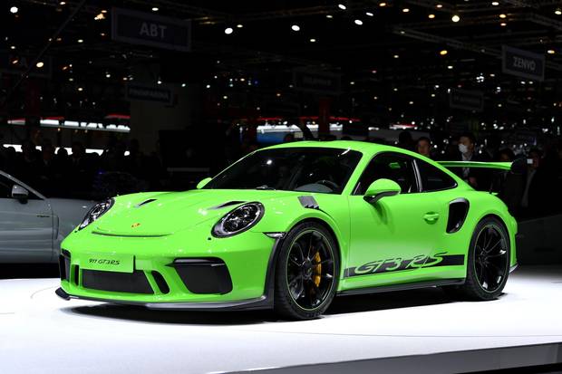The new Porsche 911 GT3 RS on display at the Geneva International Motor Show on March 6, 2018.