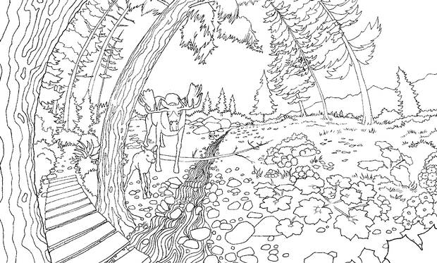 A moose and its calf is one of the many Canadian scenes featured in Legendary Landscapes: Pocket Edition, created by Canadian artists Carrie Wong and Witek Radomski but showcasing the work of other illustrators as well. The book is a spinoff of their full-size publication Legendary Landscapes: Coloring Book Journey, which began life as a Kickstarter campaign. Other images of Canadiana found in the two books include Stanley Park totem poles, the northern lights, bison and urban Toronto. A follow-up book, Legendary Worlds, was released in March. Available from amazon.ca