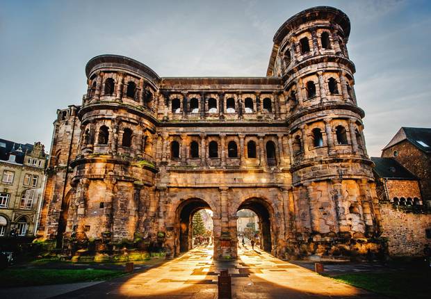 The imposing, second-century sandstone Porta Nigra offers excellent views of Trier, Germany.