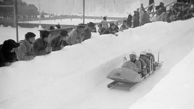 France's bobsleigh slows down after finishing the first run of the Olympic four-man bobsleigh event in February 1948 in Saint Moritz at the Winter Olympic Games.