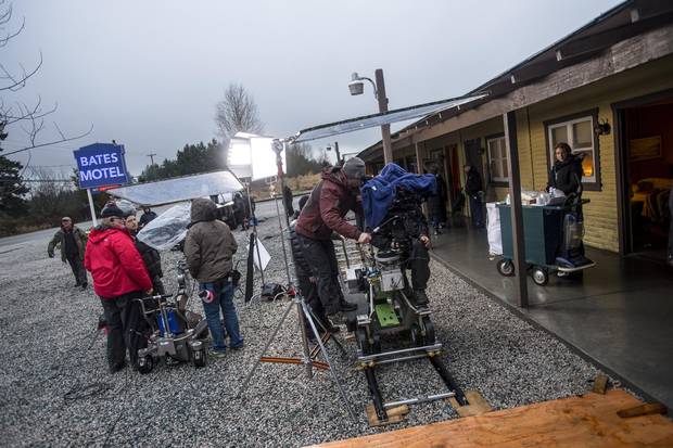 A production crew works a scene for the TV series Bates Motel, which was filmed in B.C., including this setting in Aldergrove.