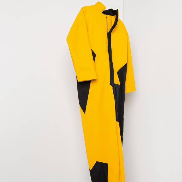 Clara Rota’s bold jumpsuit, inspired by Italian futurist Thayat’s overalls, and iconic Japanese designer Issey Miyake’s reflective gold get up (below) are two examples of the re-imagined utility garments on display now at Toronto’s Harbourfront Centre. 