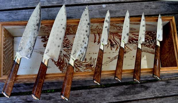 Seth Burton, of Cosmo Knives, makes chef knives in a Damascus steel style.
