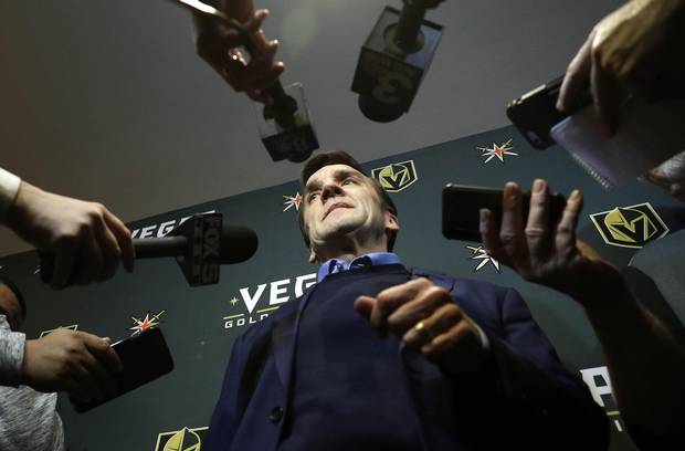 Vegas Golden Knights general manager George McPhee speaks during a news conference in Las Vegas.