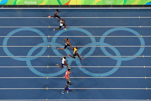 (Right to Left) Trayvon Bromell of the United States, Akani Simbine of South Africa, Justin Gatlin of the United States, Jimmy Vicaut of France, Usain Bolt of Jamaica, Andre De Grasse of Canada Ben Youssef Meite of the Ivory Coast and Yohan Blake of Jamaica compete during the Men's 100m Final on Day 9 of the Rio 2016 Olympic Games at the Olympic Stadium on August 14, 2016 in Rio de Janeiro, Brazil. 