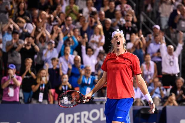 Shapovalov reacts after defeating Adrian Mannarino of France at the Rogers Cup on Aug. 11, 2017 in Montreal.