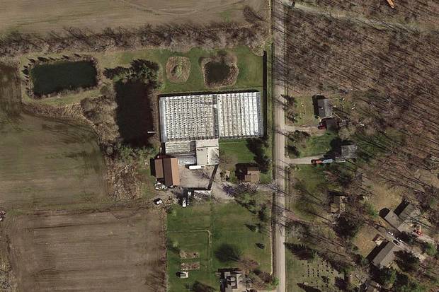 A satellite image of the Muileboom family’s Niagara region farmhouse. Peter Muileboom was charged with unlawful production of marijuana.