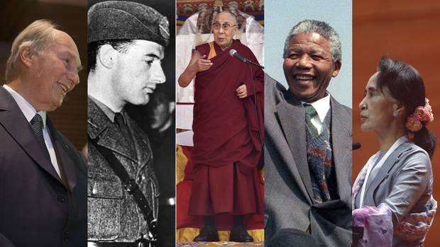 From left: The Aga Khan, Raoul Wallenberg, the Dalai Lama, Nelson Mandela and Aung San Suu Kyi.
