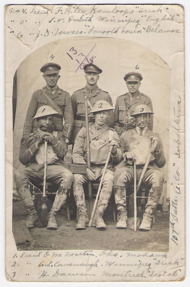 The 107th “Timber Wolf” Battalion was a unit largely made up of Indigenous people from Manitoba and Ontario. Lieutenant James Moses, of the Delaware band from Six Nations of the Grand River, is No. 6. The postcard, daded July 29, 1917, was sent as the 107th was being rotated to the front line ahead of the Battle of Hill 70, where they were involved in some of the heaviest fighting. (View the back of the postcard here.)