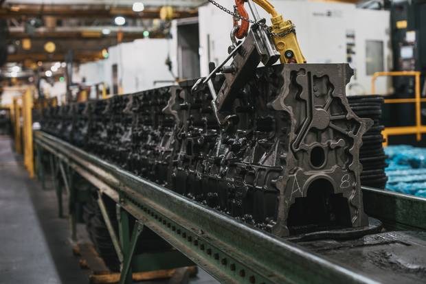 An assembly line for engine blocks for Volvo trucks is seen at the Linamar factory in Arden, N.C.