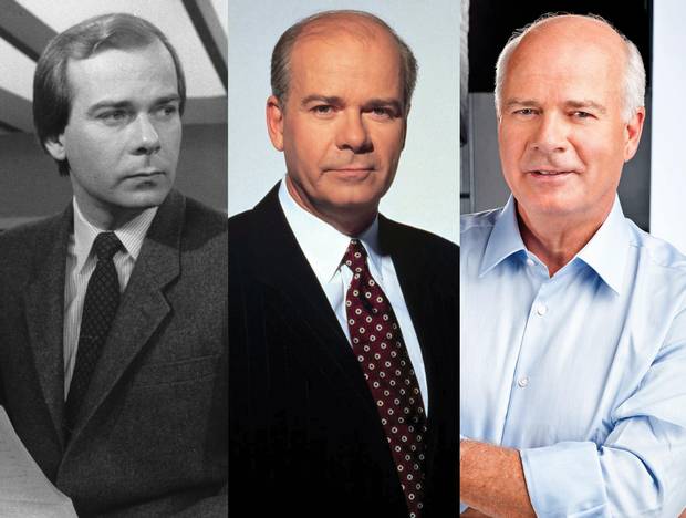 Peter Mansbridge, seen in 1982, 2002 and present-day photos.