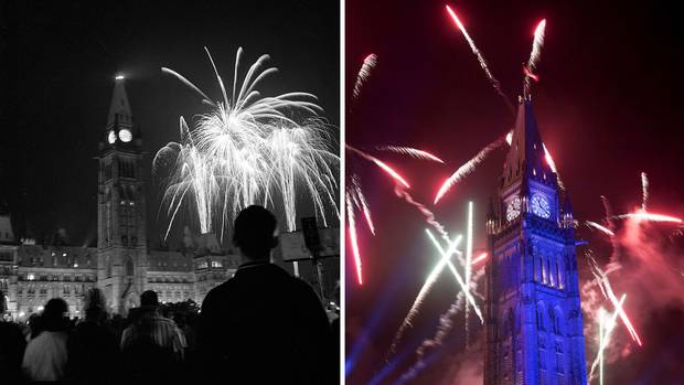 Fireworks ignite over Parliament Hill in 1967, left, and 2017, right.