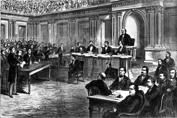 An artist’s rendering shows the public from above as the U.S. Senate opens the High Court of Impeachment during the trial of president Andrew Johnson on March 13, 1868. Johnson, the first U.S. president to be impeached in the House, kept his job by a single vote in the Senate.