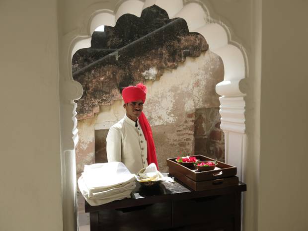 The staff at the Ranvas hotel in Nagaur dress in the of Rajasthani maharajas, with brightly coloured turbans.
