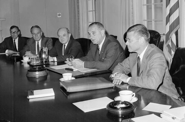 From left: U.S. Secretary of Defense Robert McNamara, U.S. President Lyndon B. Johnson and U.S. Secretary of State Dean Rusk, listen to the new U.S. Ambassador to South Vietnam, General Maxwell Taylor in the White House in Washington, D.C.on Sept. 11, 1964 