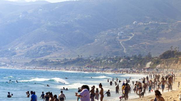 A busy day at the beach in Malibu.