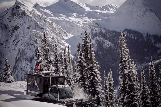 Skiers are ferried around the mountain on snowcats, vehicles with