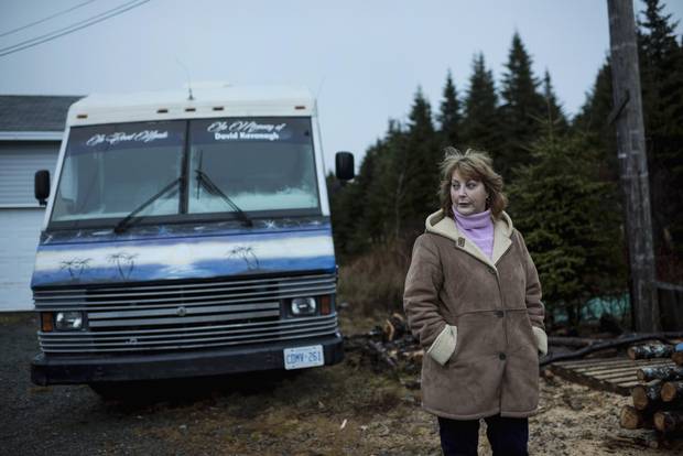 Tina Kavanagh poses in front of the RV she purchased to turn into a mobile needle exchange program in Wabana on Bell Island, Nfld.