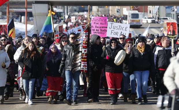 Family and supporters of Thelma Favel, Tina Fontaine's great-aunt and the woman who raised her, marched on Friday, February 23, 2018, in Winnipeg.