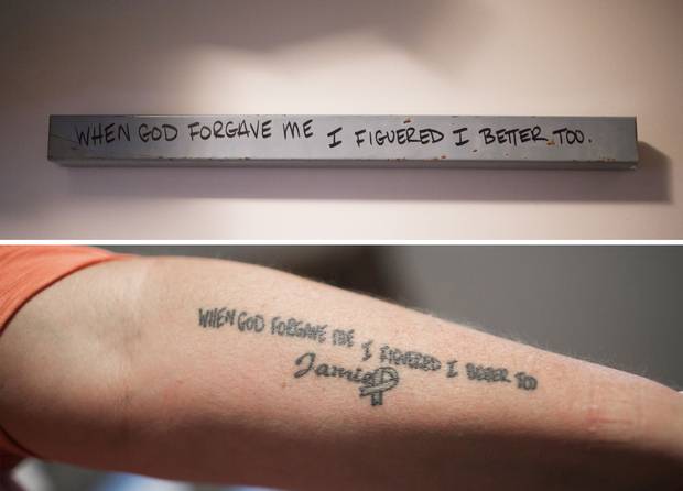 Top: Cpl. McMullin had written these words on a grey metal strip in his basement. Bottom: After his death, his mother had the words tattooed on her arm.
