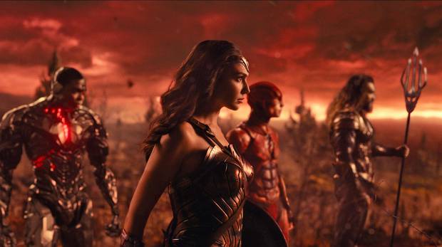 Ray Fisher as Cyborg, Gal Gadot as Wonder Woman, Ezra Miller as the Flash and Jason Momoa as Aquaman in Justice League.