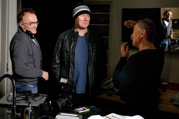 From left, director Danny Boyle, author Irvine Welsh and the actor Robert Carlye on the set of T2 Trainspotting.
