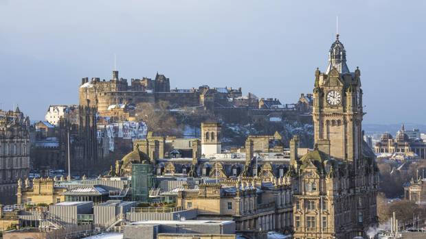 Edinburgh Castle and the Balmoral Hotel viewed from Calton Hill.