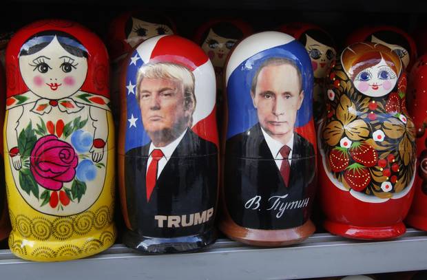Traditional Russian matryoshka dolls depicting Russian President Vladimir Putin and Mr. Trump are displayed for sale at a street souvenir shop in St. Petersburg on Friday.