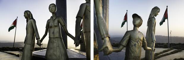 The hilltop statue created by Palestinian artist Nabil Anani depicts a family standing hand in hand. Their backs are turned to Rawabi’s next-door neighbours, the Israelis living one hilltop away in Ateret, which was among the first settlements – considered illegal under international law – built after Israel’s defeat of Arab forces in the Six Day War of 1967.