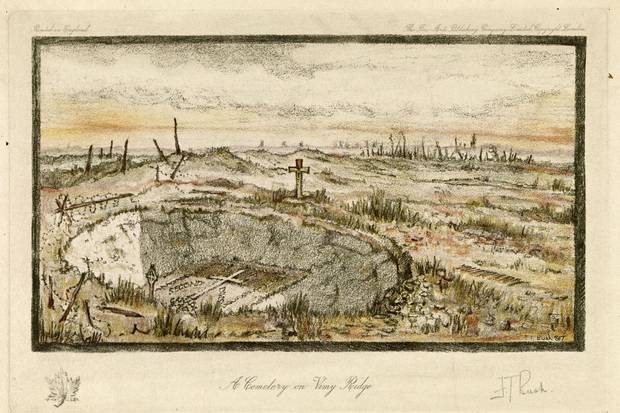 A sketch shows a cemetery on Vimy Ridge, with a memroial at the bottom of a shell crater for fallen soldiers of the 2nd Canadian Division. Print by Lieutenant Frederick Thwaites Bush.