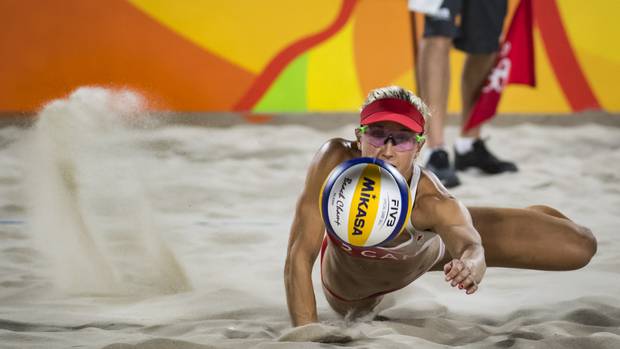 Canadian Heather Bansley in action during her preliminary beach volleyball match against team Swiss at Rio Olympics August 10, 2016.
