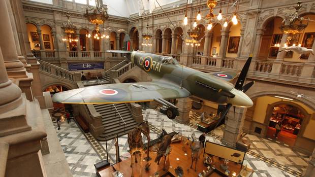 The Spitfire aeroplane in the Life Gallery at the Kelvingrove Art Gallery and Museum in Glasgow.
