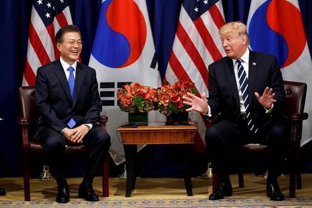 President Donald Trump meets with South Korean President Moon Jae-in at the Palace Hotel during the United Nations General Assembly, Thursday, Sept. 21, 2017, in New York. 