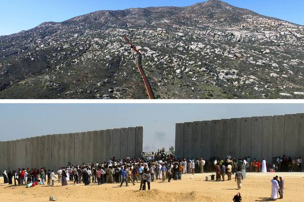 Jan. 26, 2017 (top): Urban fencing on the U.S. border in Tecate, northwestern Mexico. Sept. 14, 2005 (bottom): Palestinians crowd at a gap in the border wall as they cross between the Rafah Refugee Camp, in the southern Gaza Strip, and Egypt.