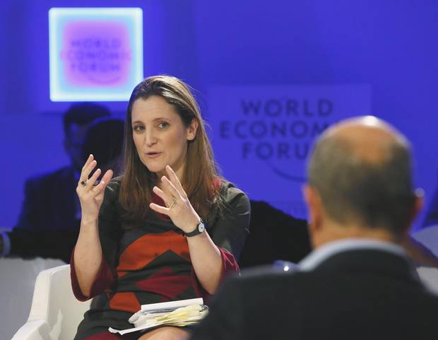 Chrystia Freeland, Digital Editor Thomson Reuters, gestures during the annual meeting of the World Economic Forum (WEF) in Davos January 25, 2013. REUTERS/Pascal Lauener (SWITZERLAND - Tags: POLITICS BUSINESS MEDIA) - RTR3CXAV
