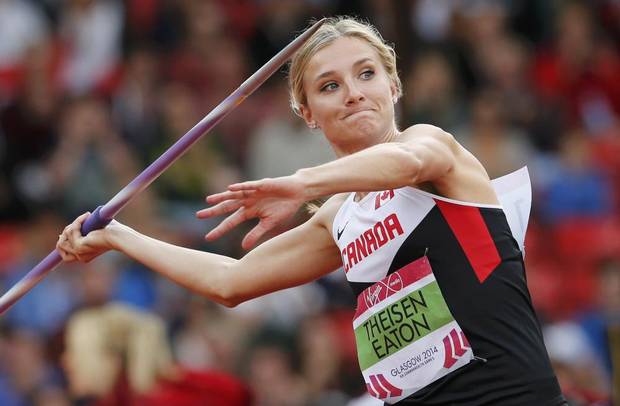 Brianne Theisen-Eaton of Canada competes in the women’s heptathlon javelin throw at Commonwealth Games in Glasgow on Wednesday.