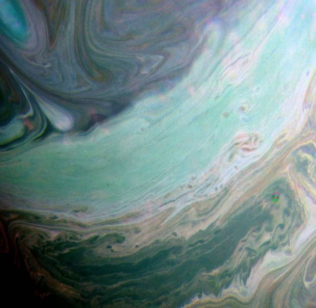 A false-color view of Saturn's clouds.