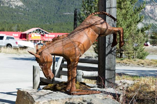 A sculpture announces the location of Kicking Horse Coffee's headquarters.