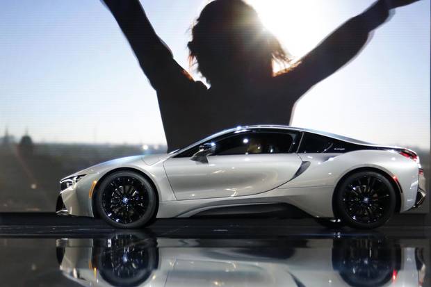 The 2019 BMW i8 coupe is displayed in Detroit.