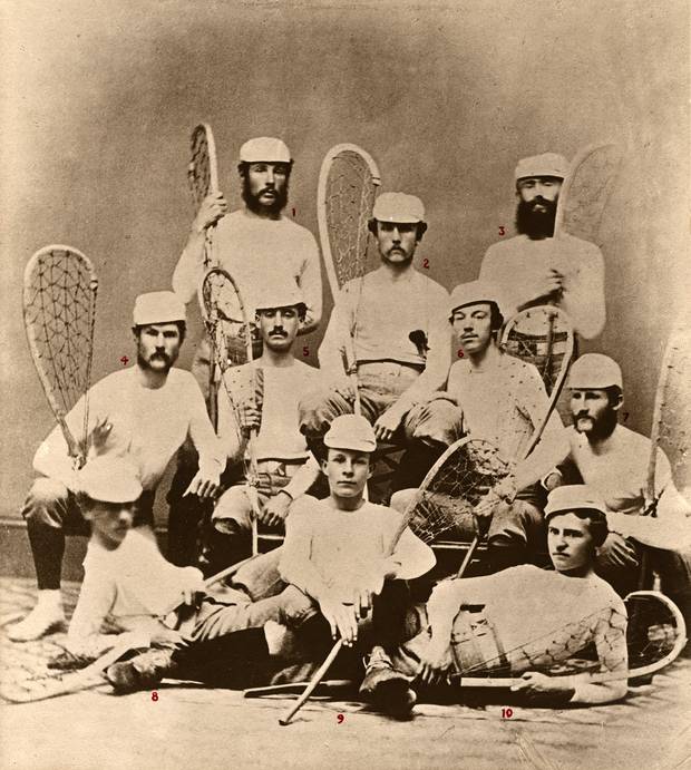 Toronto Lacrosse Club, c. 1867. Figures keyed in red ink from 1-10, referring to key on JRR printed caption. KEY: 1) W. D. Otter; 2) George Massey; 3) W. G. German; 4) Henry L. Henderson; 5) Wm. Grand; 6) Geo. H. Leslie; 7) John Henderson; 8) John Massey; 9 C.E. Robinson; 10) Charles Allen.