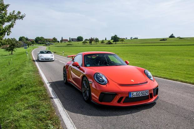 The 2018 Porsche 911 GT3 on the road in Germany's Black Forest.