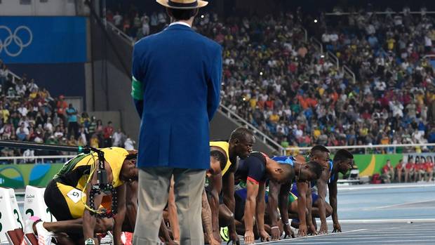 USA's Trayvon Bromell, South Africa's Akani Simbine, USA's Justin Gatlin, France's Jimmy Vicaut, Jamaica's Usain Bolt, Canada's Andre De Grasse, Ivory Coast's Ben Youssef Meite and Jamaica's Yohan Blake compete in the Men's 100m final during the athletics event at the Rio 2016 Olympic Games at the Olympic Stadium in Rio de Janeiro on August 14, 2016.
