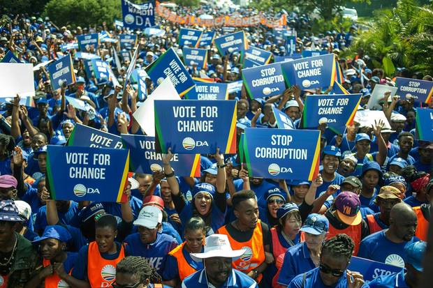 Thousands of Democratic Alliance supporters march to the Constitutional Court to protest against South African President Jacob Zuma on April 15, 2016, in Johannesburg.