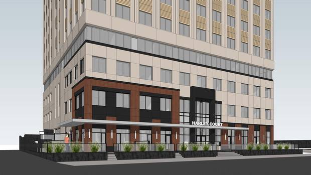 A rendering of the proposed apartment-building conversion of Harley Court.